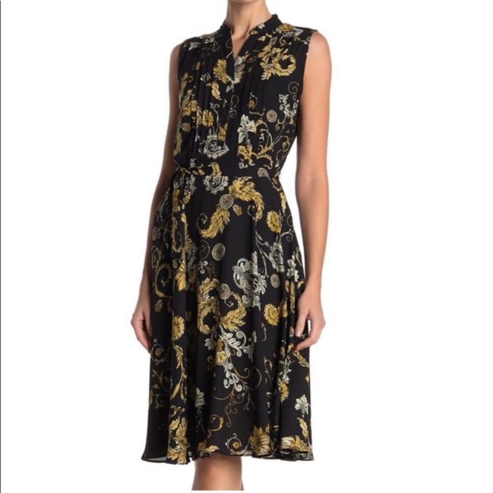 NANETTE LEPORE BLACK AND YELLOW FLORAL MIDI DRESS